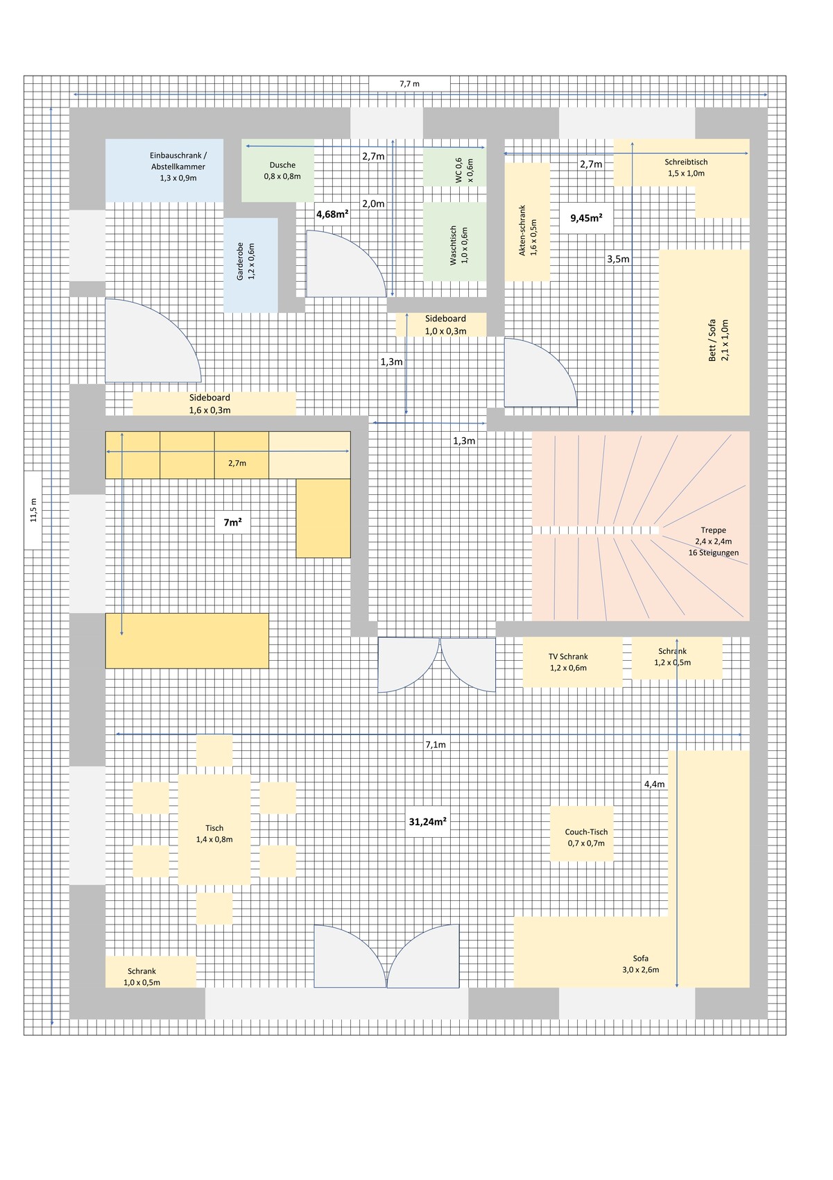 Grundriss eines Wohn- und Essbereichs mit Sofa, Esstisch, Stühlen, TV-Schrank und Treppe.