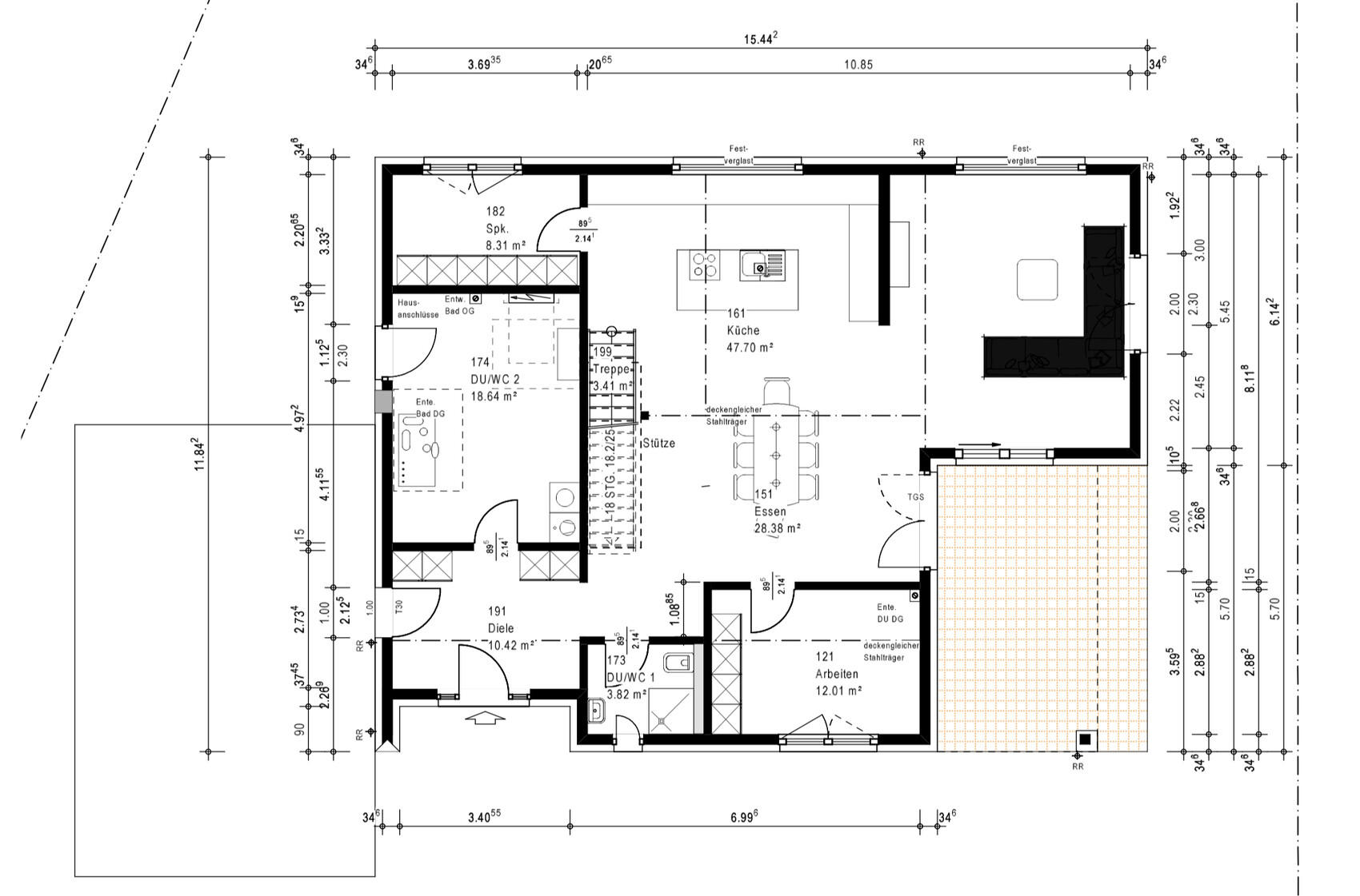 Grundriss eines Hauses mit Küche, Essbereich, Arbeiten, Diele, Bad und Terrasse.