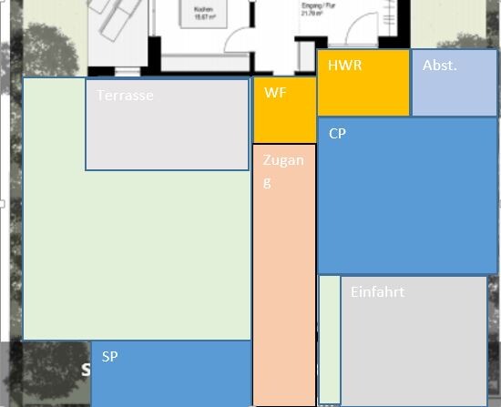 Grundriss eines Hauses mit Terrasse, Zugang, Eingang, Einfahrt, Abst., HWR und SP.