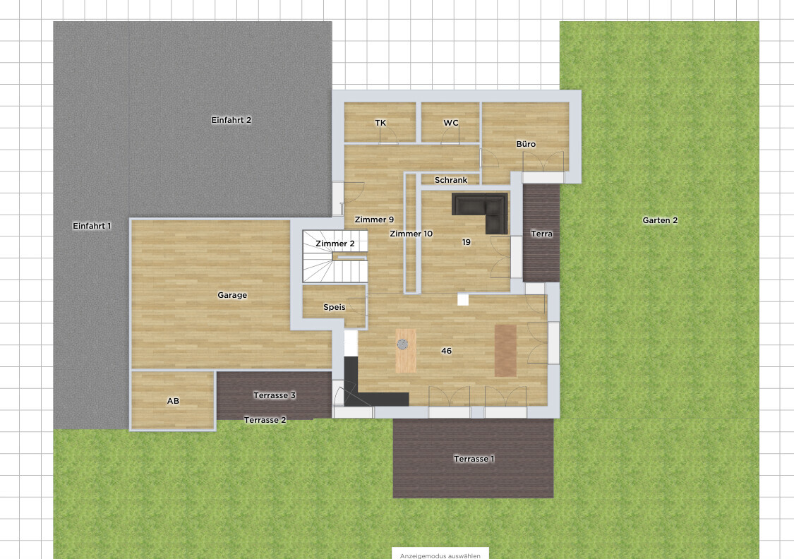 Grundriss eines Hauses mit Garage, Speis, Zimmern, Büro, Terrassen und Garten.