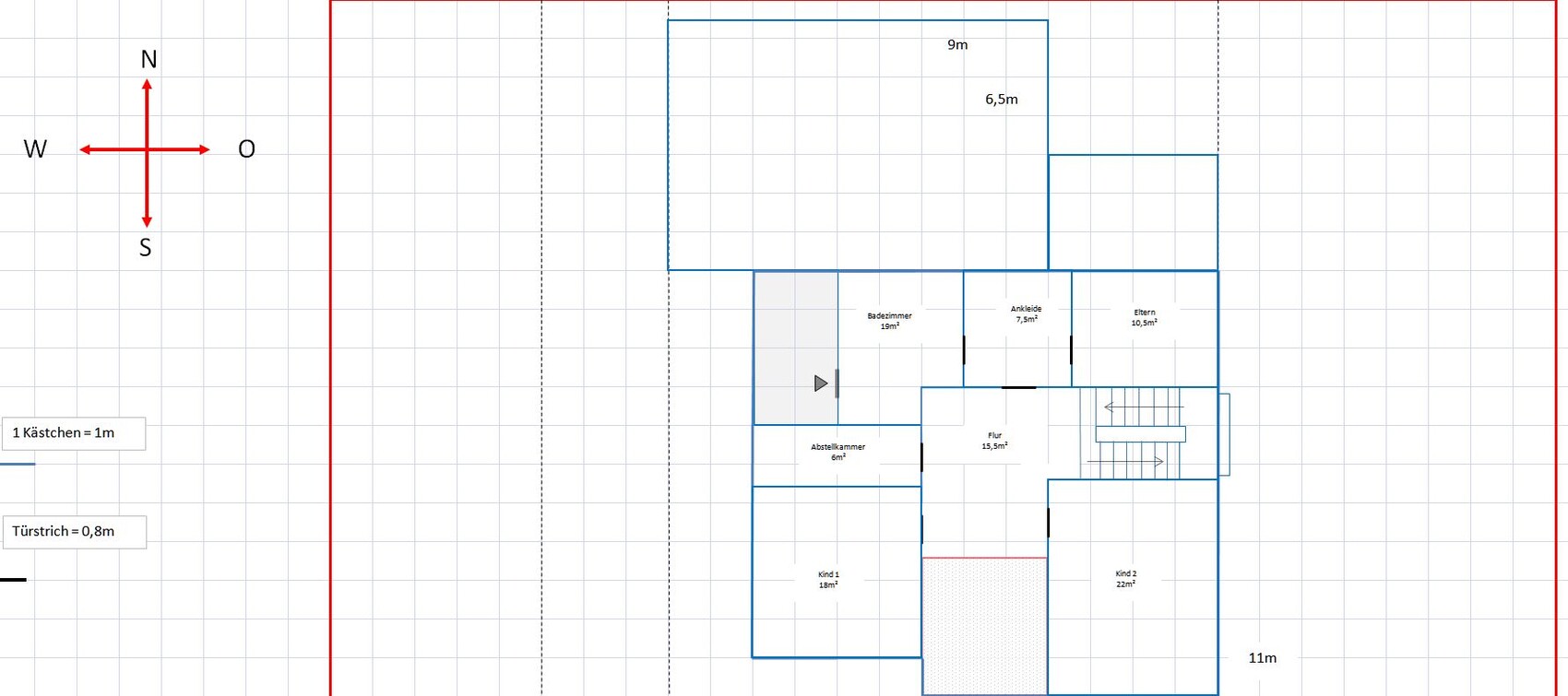 Grundriss eines Hauses mit mehreren Zimmern, Flur und Treppenhaus; Maße in m².