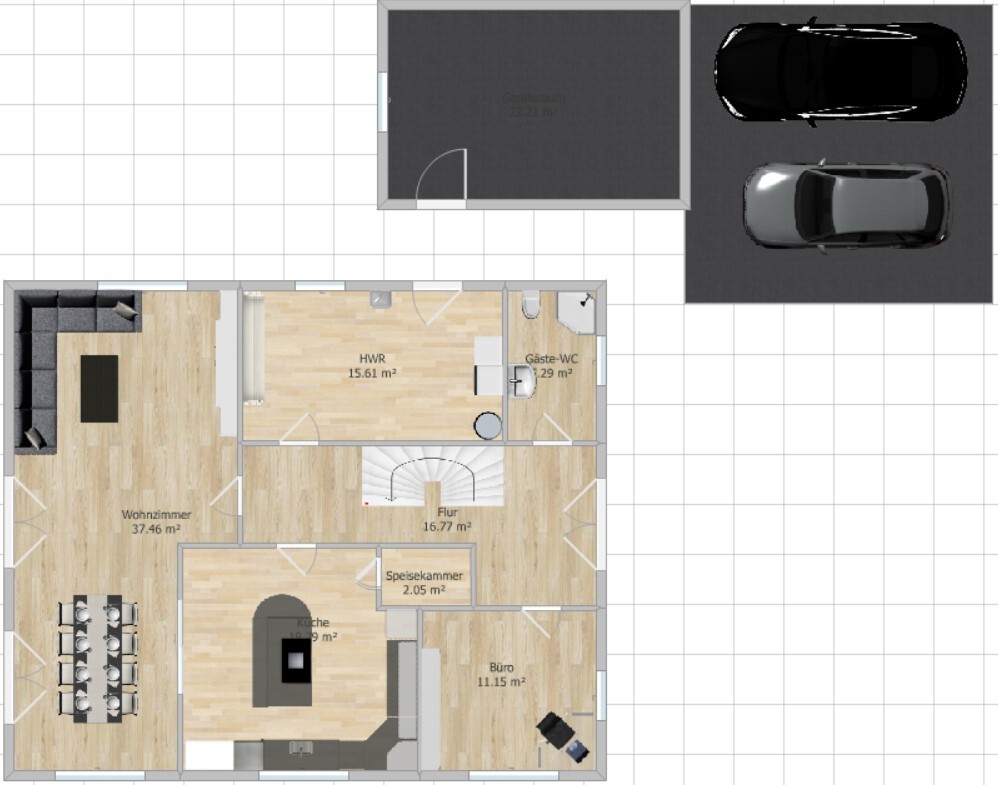 Grundriss eines Hauses: Wohnzimmer, Küche, Büro, HWR, Flur, Speisekammer, Gäste-WC und Garage.