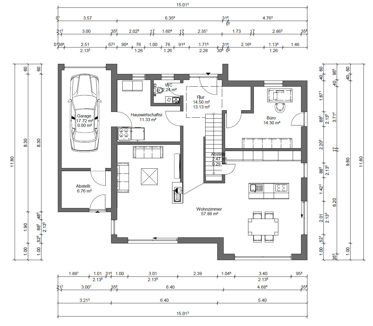 Grundriss eines Hauses: Garage, Hauswirtschaftsraum, Wohnzimmer, Küche, Büro, Flur, WC, Abstellraum.
