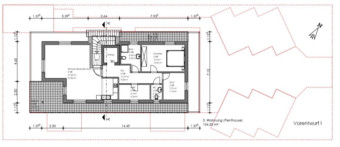 Draufsicht Grundriss eines Penthouse-Wohnhauses; Küche, Wohnen, Bad, Schlafzimmer, Flur, Treppe
