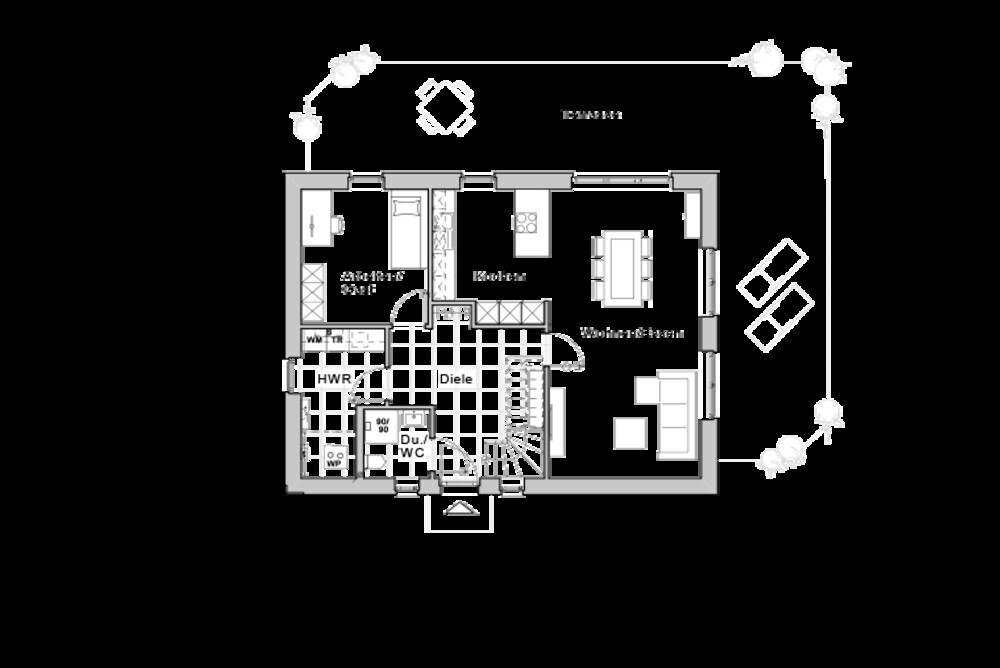 Grundriss eines Hauses: Diele, Küche, Wohnzimmer, Bad, HWR, Treppe, Terrasse.