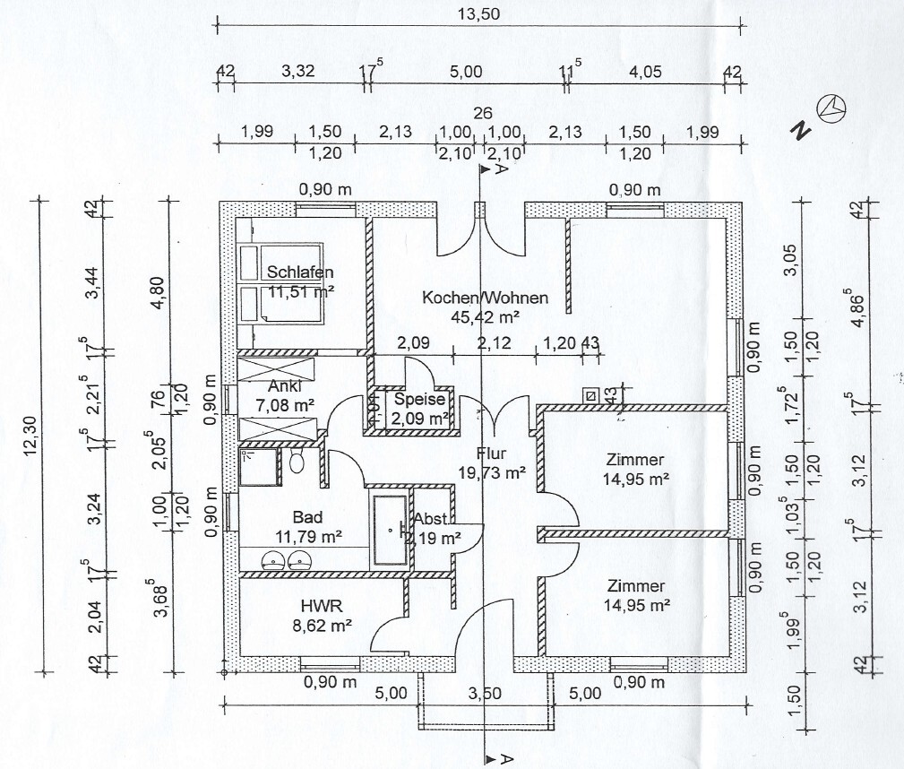 Grundriss eines Hauses: offenes Kochen/Wohnen, Schlafen, Bad, HWR, 2 Zimmer, Flur, Speise.