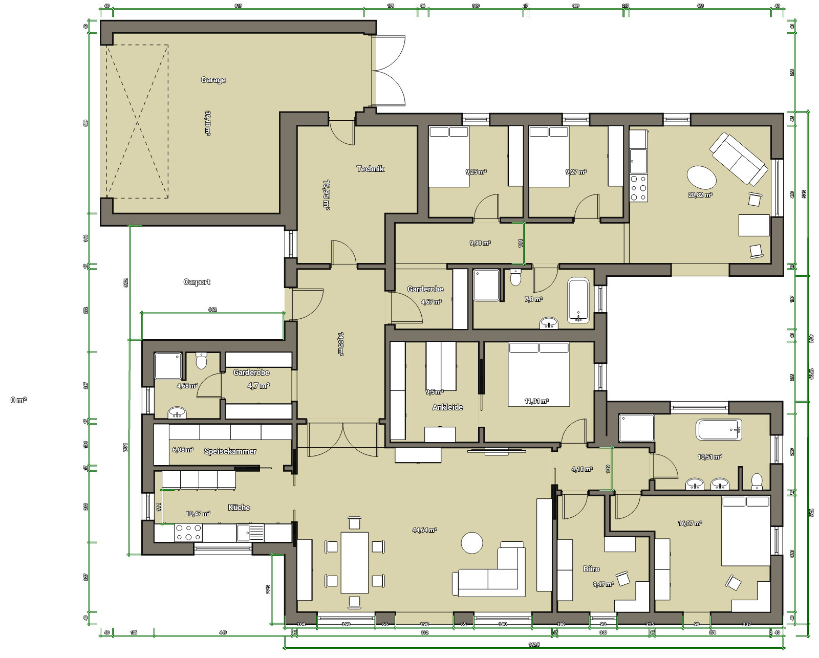 Grundriss eines Hauses mit Küche, Wohnzimmer, Schlafzimmer, Bad, Büro und Garage.