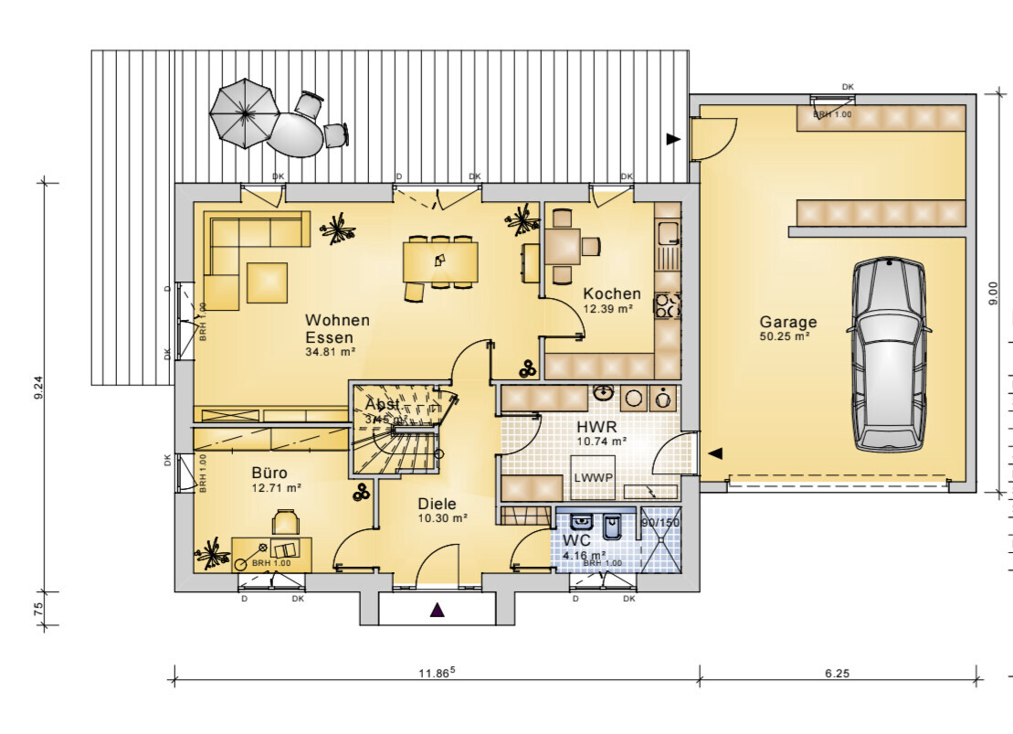 Grundriss eines Einfamilienhauses mit Wohnzimmer, Küche, Büro, Diele, WC, HWR, Garage und Terrasse.