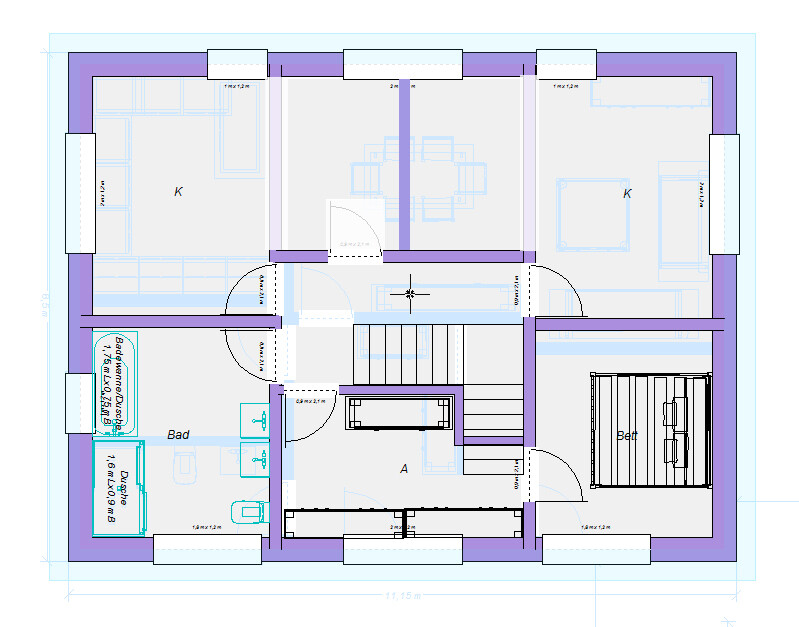 Grundriss eines Hauses mit Küche, Bad, Schlafzimmer, Flur und Treppe