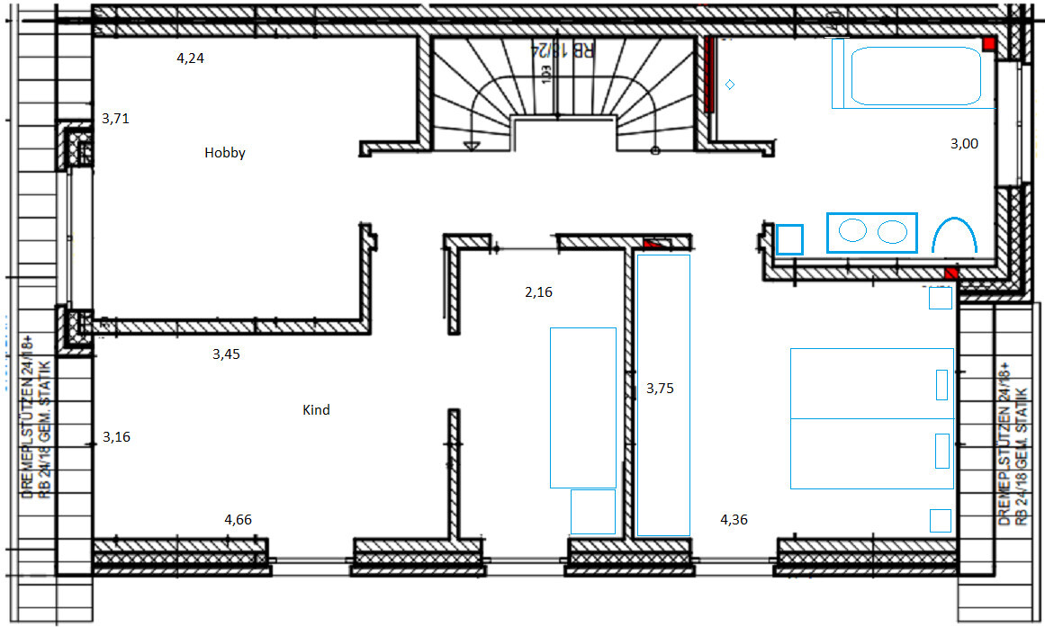 Grundriss eines Hauses: Hobby- und Kinderzimmer, Wohn-/Küchenbereich, Treppe, Bad