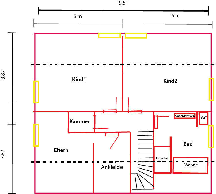 Grundriss eines Hauses: Eltern-, Ankleide-, Kammer, Kind1, Kind2, Bad (Dusche/Wanne), WC, Treppe.