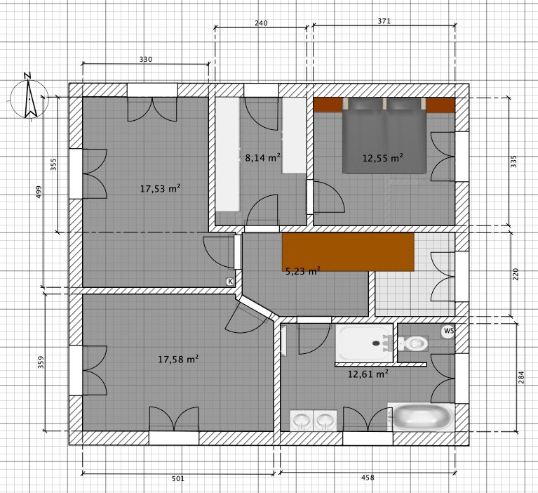 Grundriss einer Wohnung mit Zimmergrößen (z. B. 17,58 m², 12,61 m²), Küche und Bad.