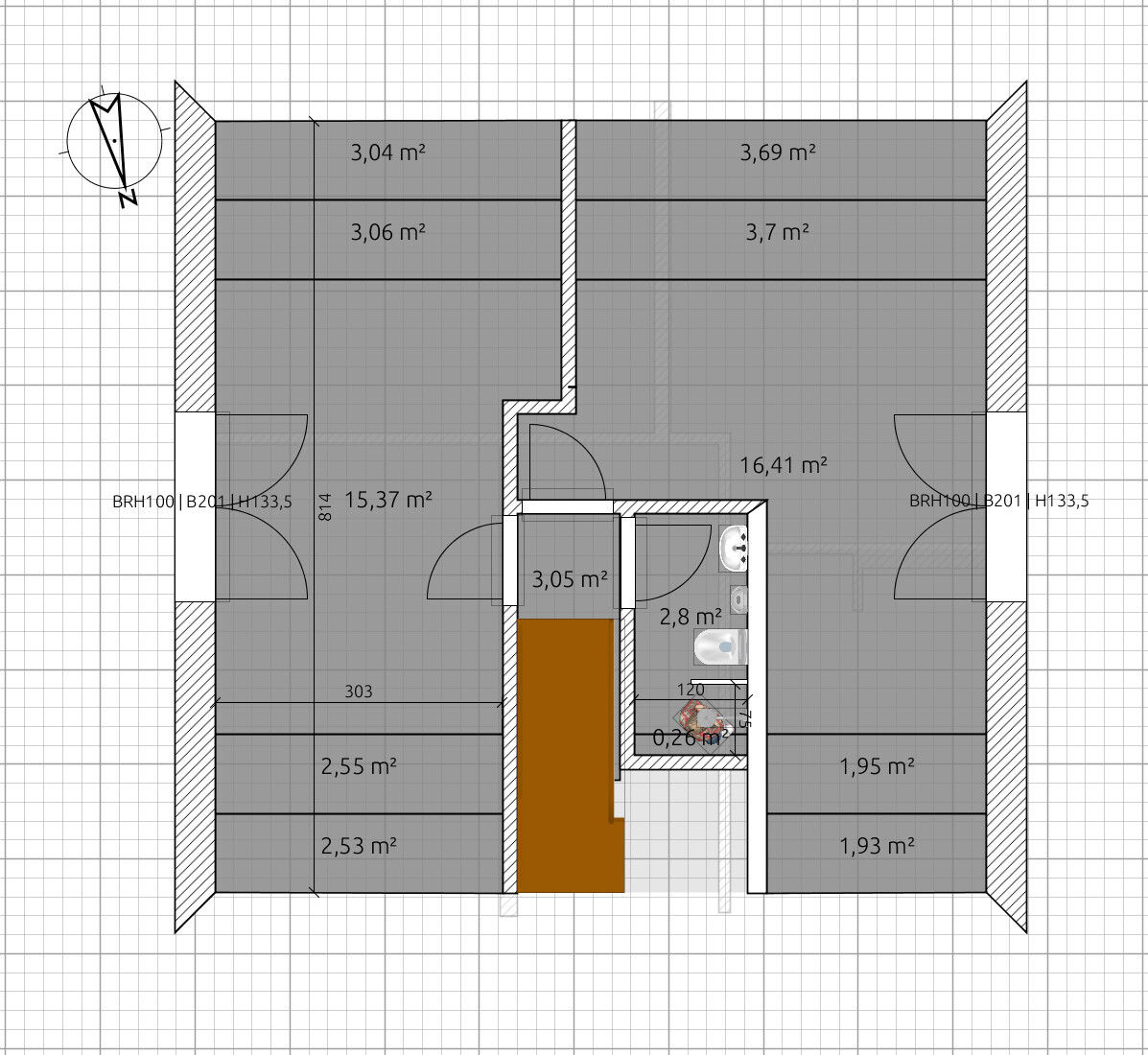 Grundriss eines Innenraums mit mehreren Zimmern, Türen, Bad, Treppe und Flächenangaben in m².