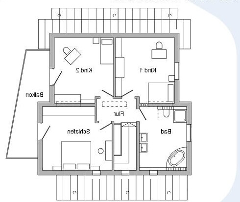 Grundrissplan eines Hauses mit Schlafzimmer, Bad und Balkon