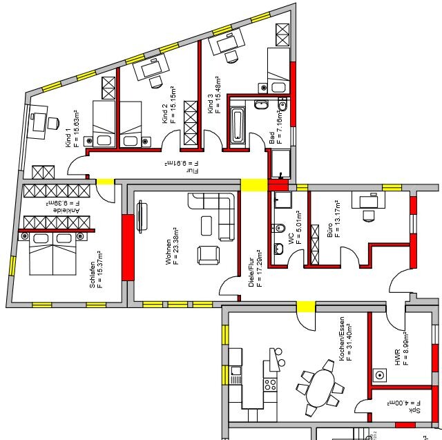 Detaillierter Grundriss eines Mehrzimmer-Hauses mit Küche, Wohnzimmer, Schlafzimmer