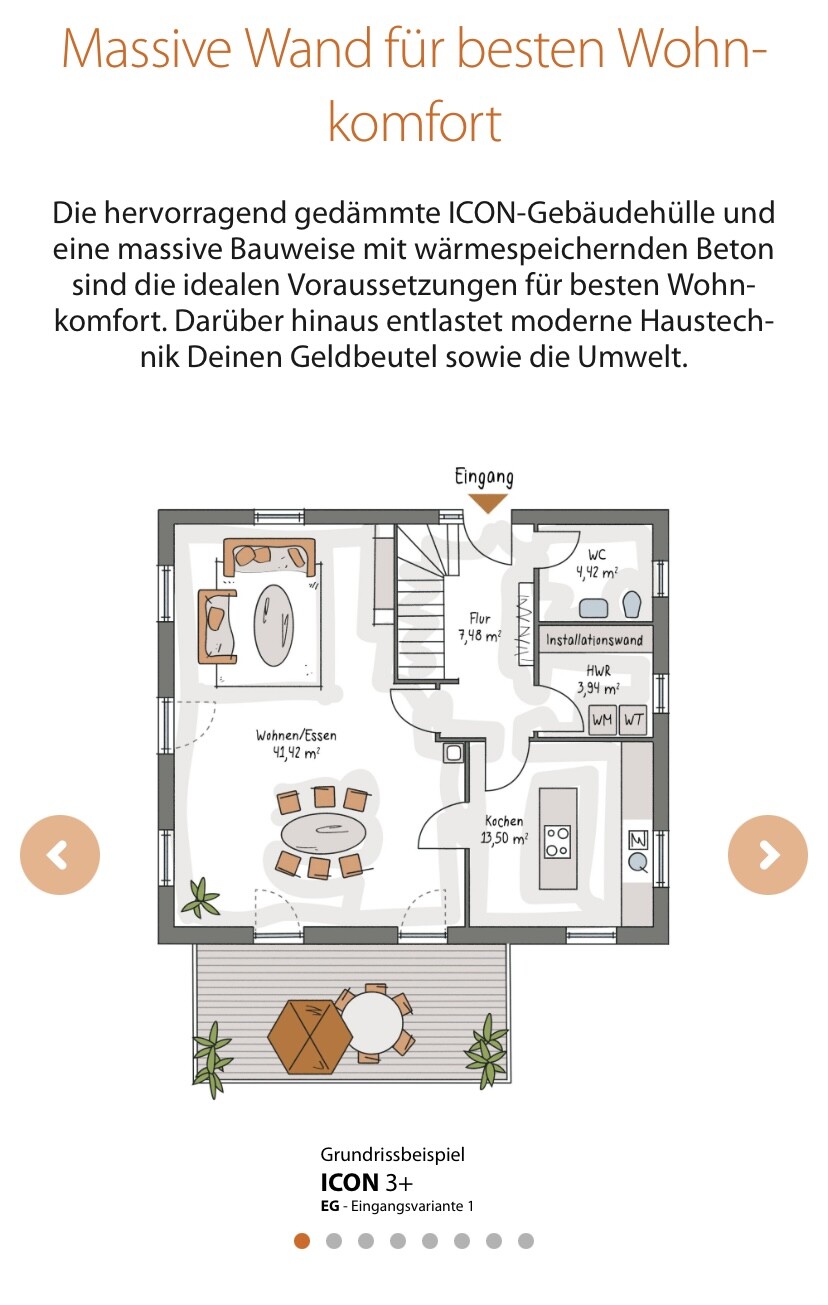 Grundriss eines Hauses mit Wohnzimmer/Essbereich, Küche, Flur, WC, Eingang und Terrasse.