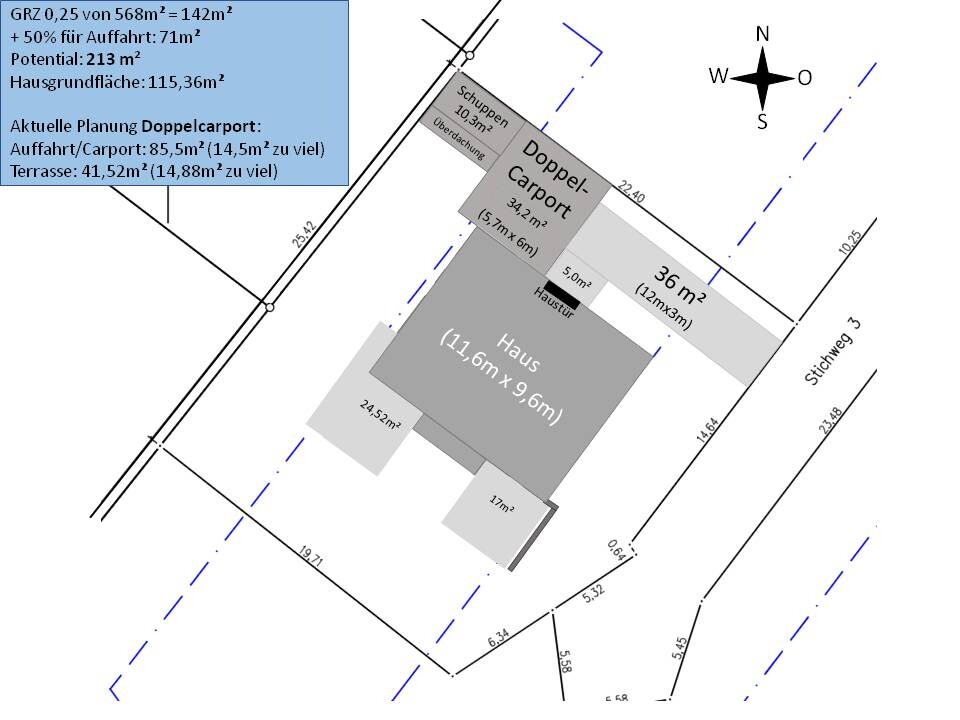 Lageplan eines Grundstücks mit Haus, Doppelcarport, Terrasse und Zufahrt.