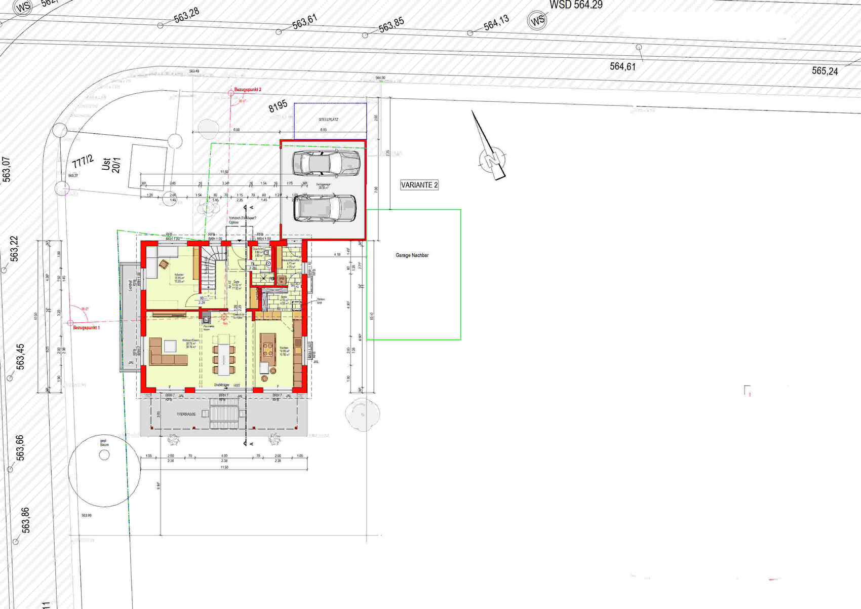 Grundriss eines Hauses mit eigener Garage, zwei Parkplätze, farblich markiert.