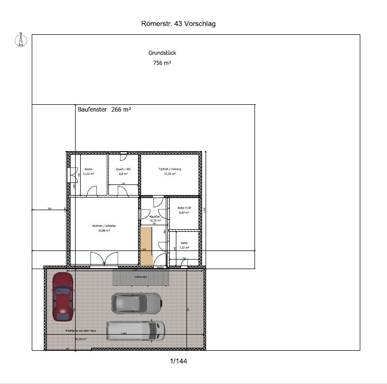 Grundriss eines Hauses mit Garage; Küche, Bad, Technikraum, Keller und Wohnbereich.