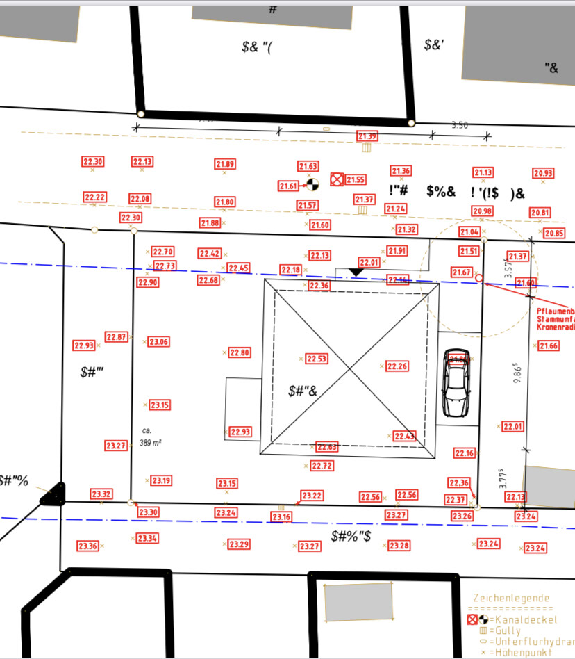 Lageplan eines Grundstücks: Haus mit Carport, Auto, Messlinien und Maßen.