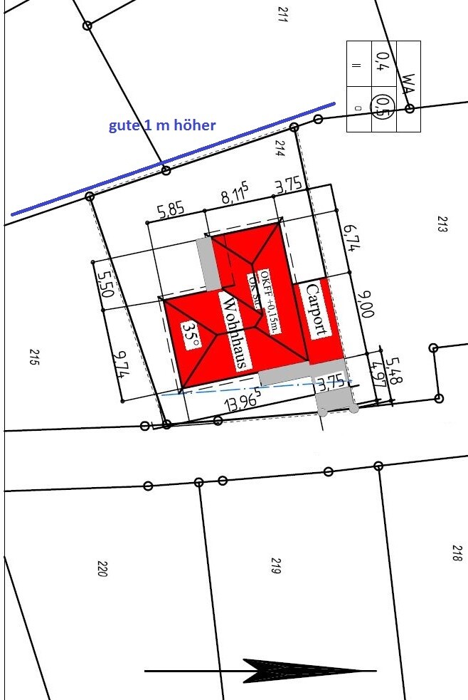 Grundstücks-Lageplan: rotes Wohnhaus mit Carport, Maßlinien und blauer Höhenlinie.