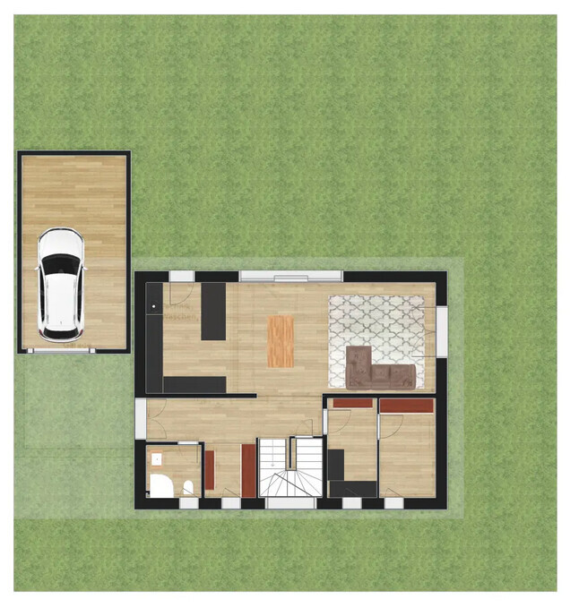 Draufsicht auf Hausgrundriss mit Garten, Terrasse und Garage