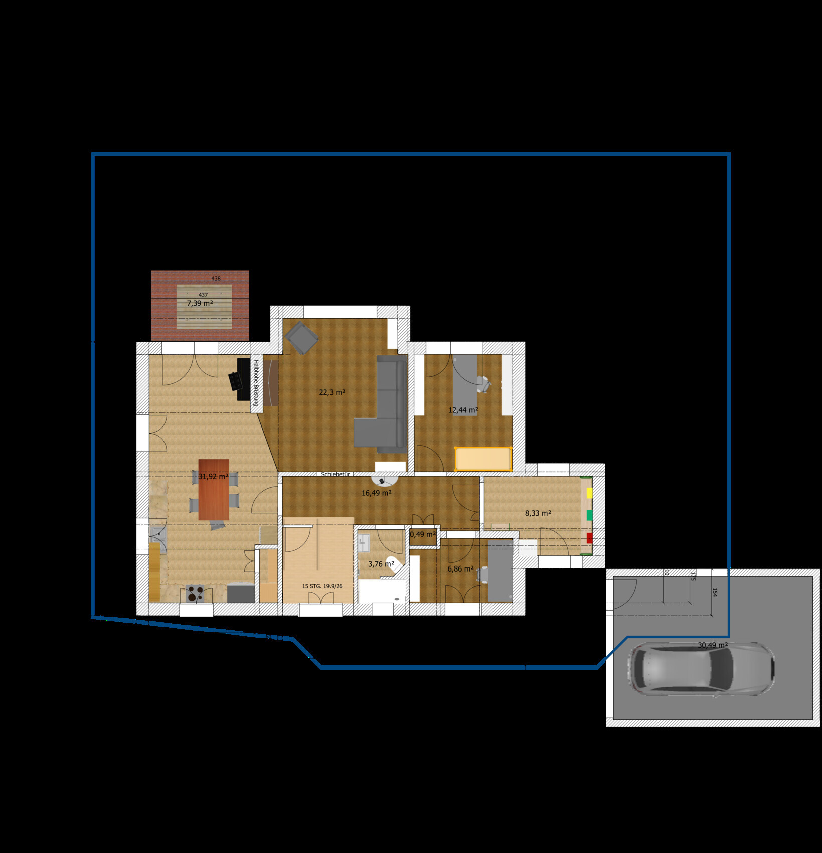 Grundriss eines Wohnhauses mit Wohnzimmer, Küche, Schlafzimmern, Bad und Garage rechts.