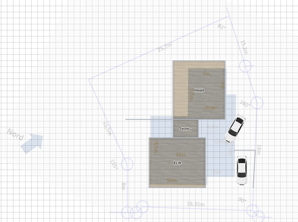 Grundriss eines Hauses: Haupthaus, Anbau/Technikraum, ELW, Parkplatz mit zwei Autos.