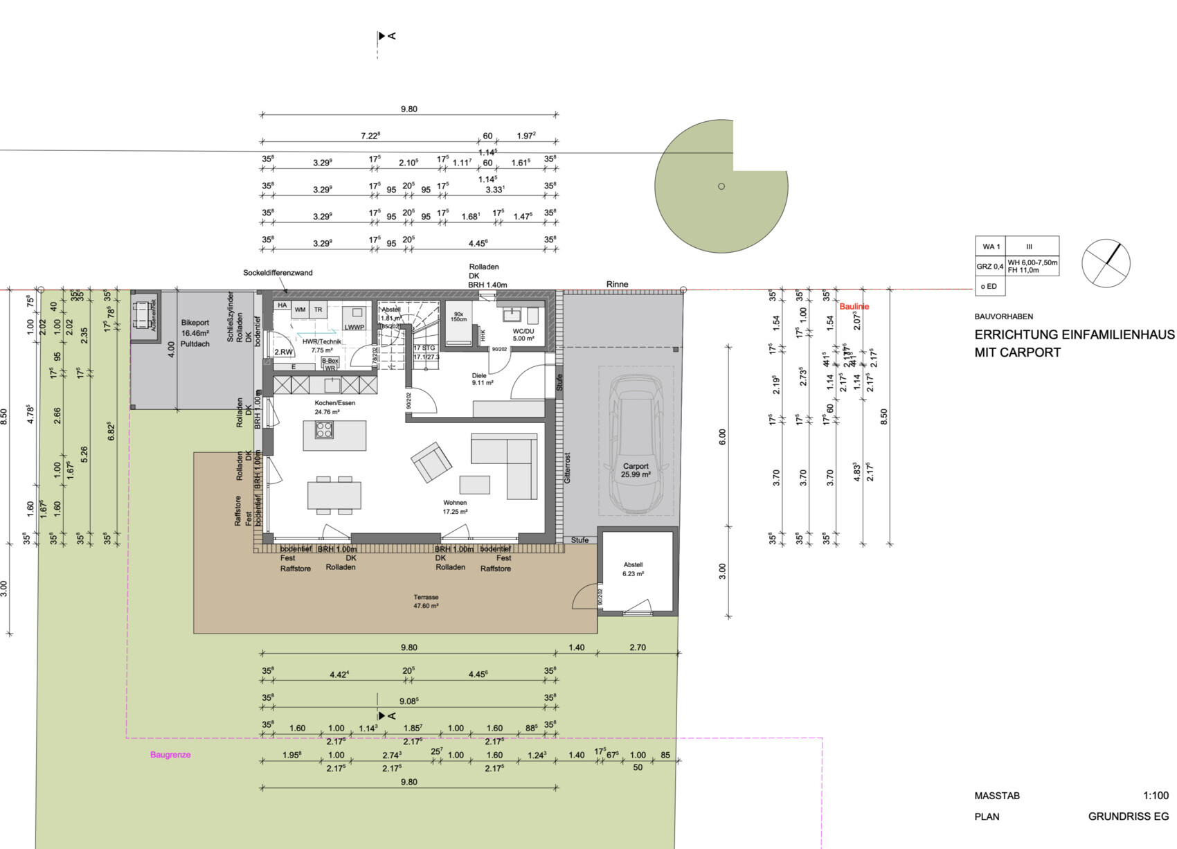 Grundriss eines Einfamilienhauses mit Terrasse und Carport auf dem Grundstück