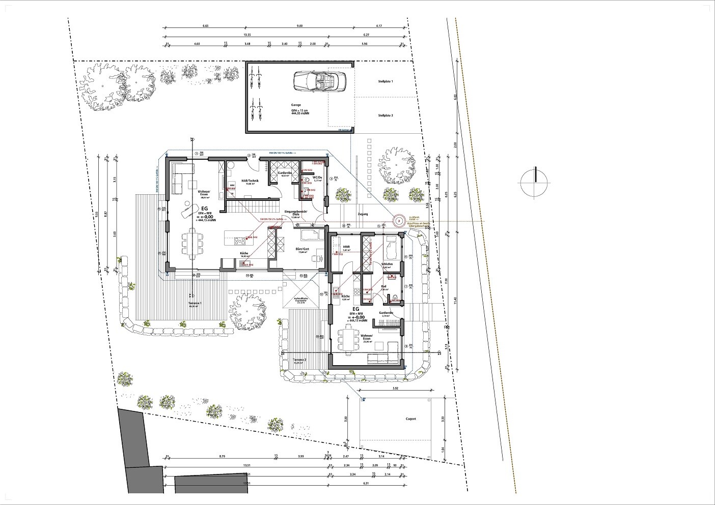 Detaillierter Grundriss eines Einfamilienhauses mit Garten, Carport und Garage, Maßangaben.
