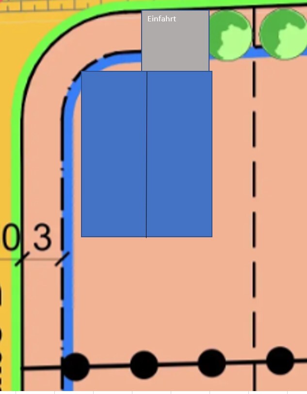 Modellbahn: Kurve links, blaue Blöcke, graues Feld 'Einfahrt', schwarze Punkte, grüne Kreise.