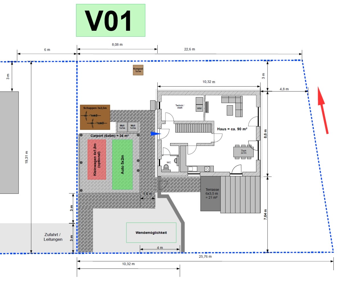 Grundriss eines Hauses mit Hof, Carport, Schuppen, Terrasse und Zufahrt