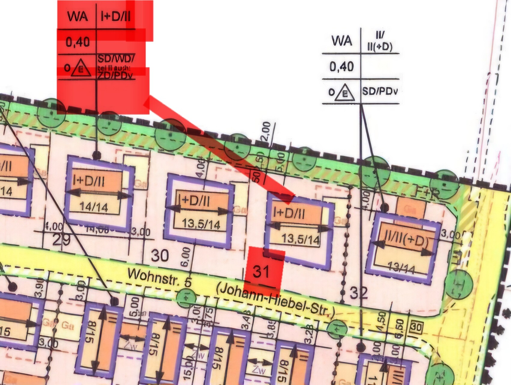 Ausschnitt eines Bebauungsplans mit Gebäudeblöcken, Straßennetz, Grünflächen und roten Markierungen.