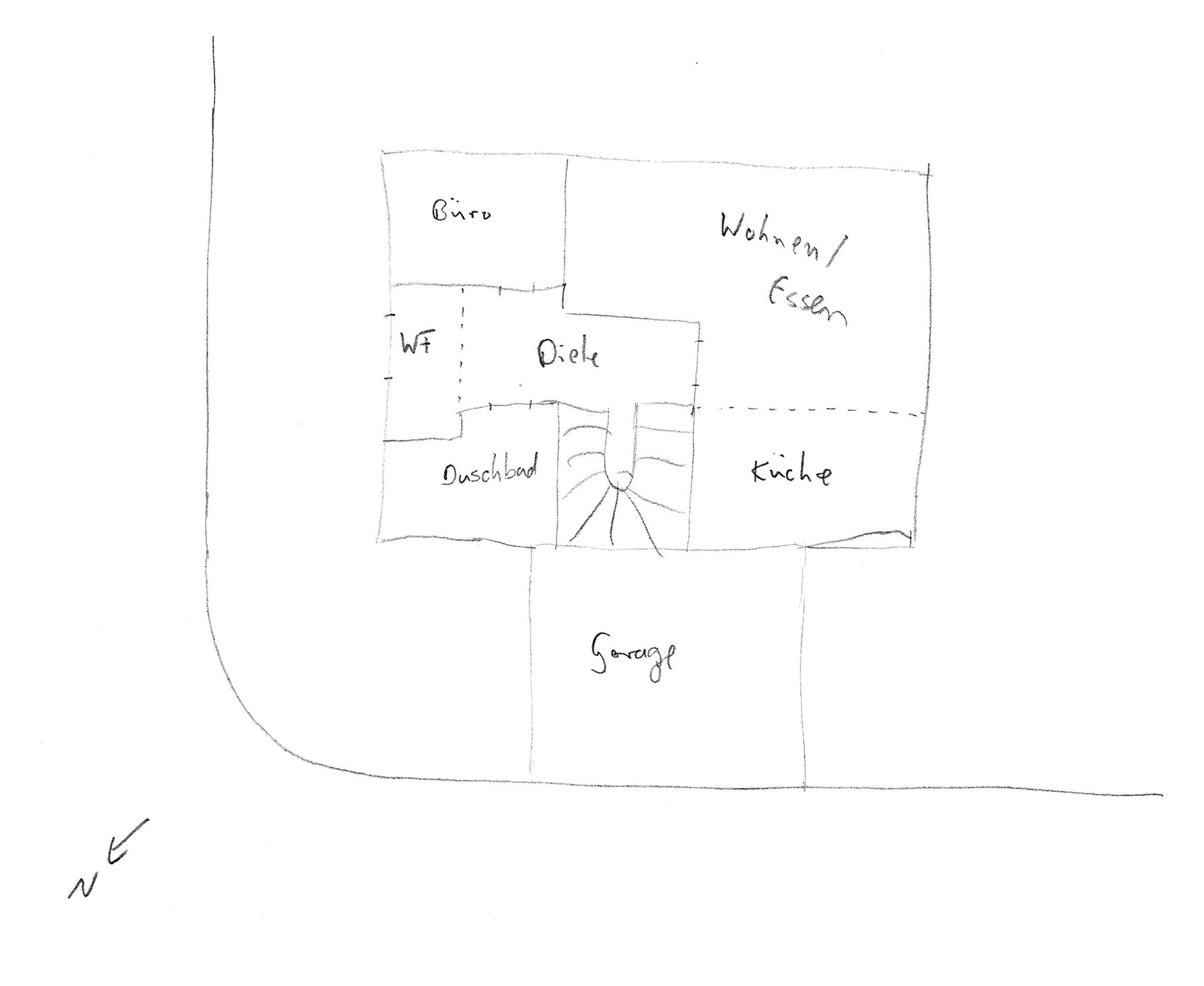 Skizzenhafter Grundriss: zentrale Diele; links Büro & Duschbad; rechts Wohnen/Essen, Küche; Garage.