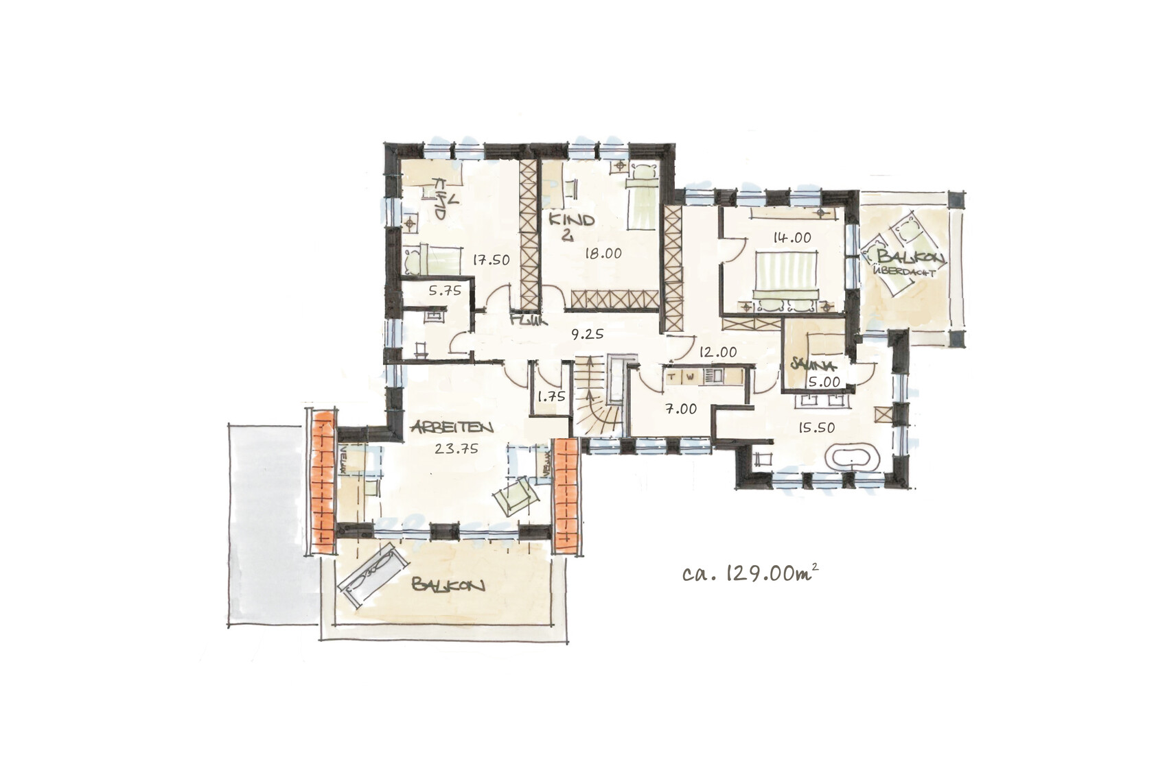 Handgezeichneter Grundriss eines Hauses mit Zimmern, Balkon und Treppen