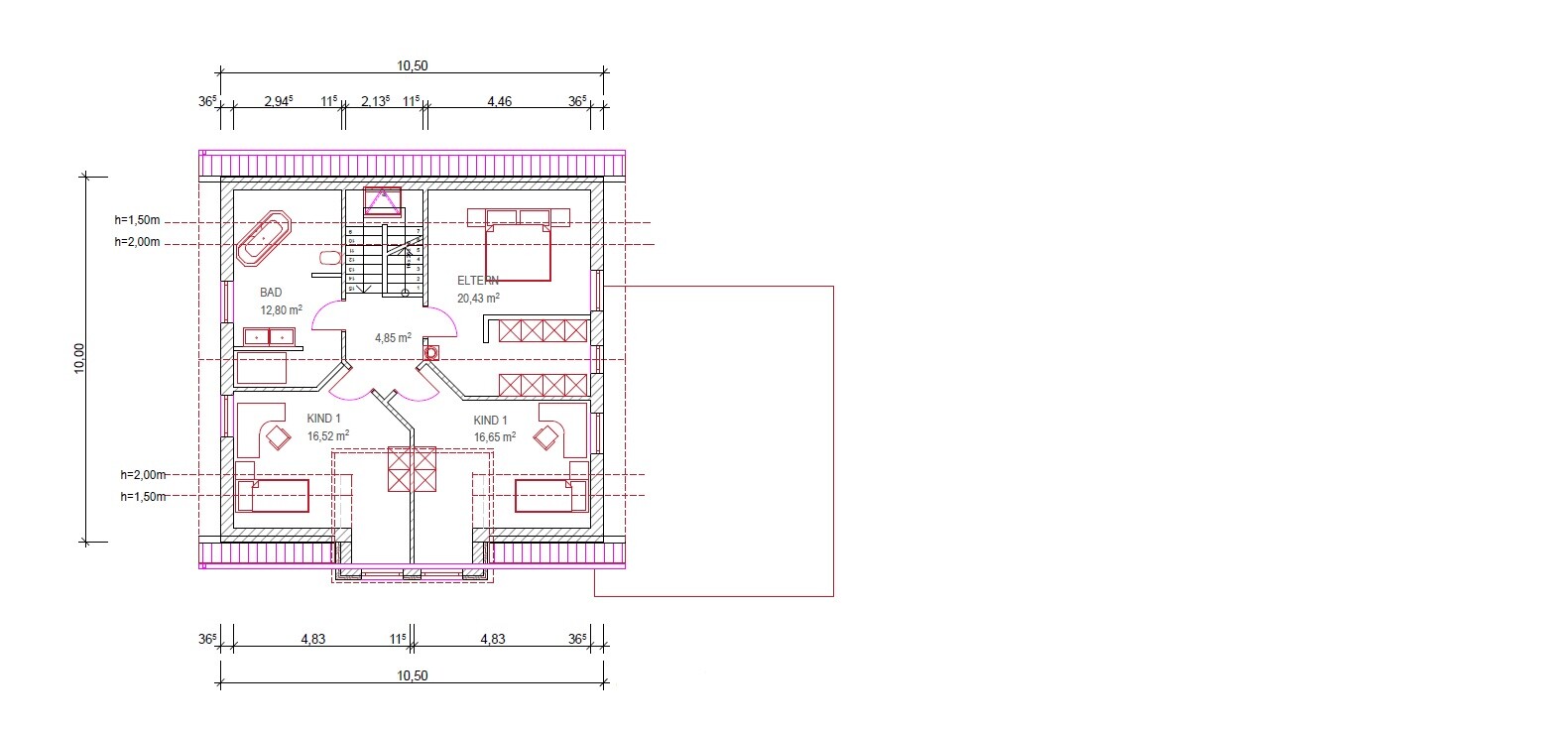 Architekten-Grundriss eines Hauses mit Eltern- und Kinderzimmern, Bad und Treppe