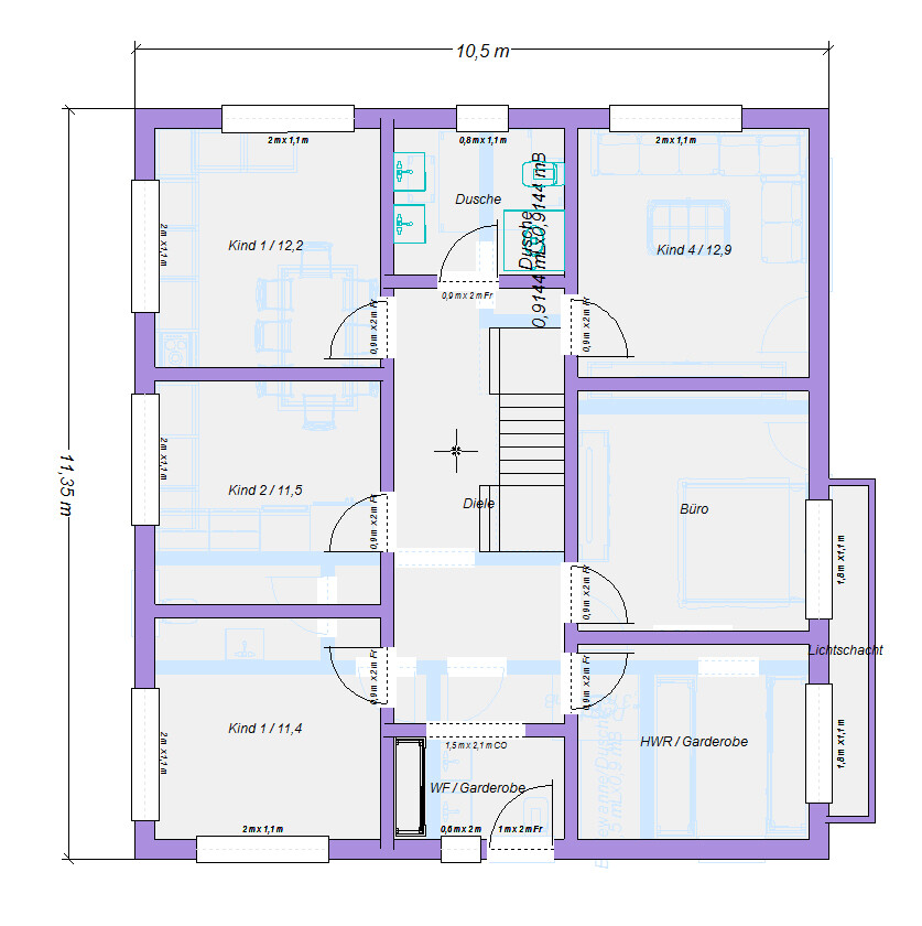 Grundriss eines Hauses: Diele, Treppe, Kinderzimmer, Büro, Dusche, HWR, Lichtschacht.