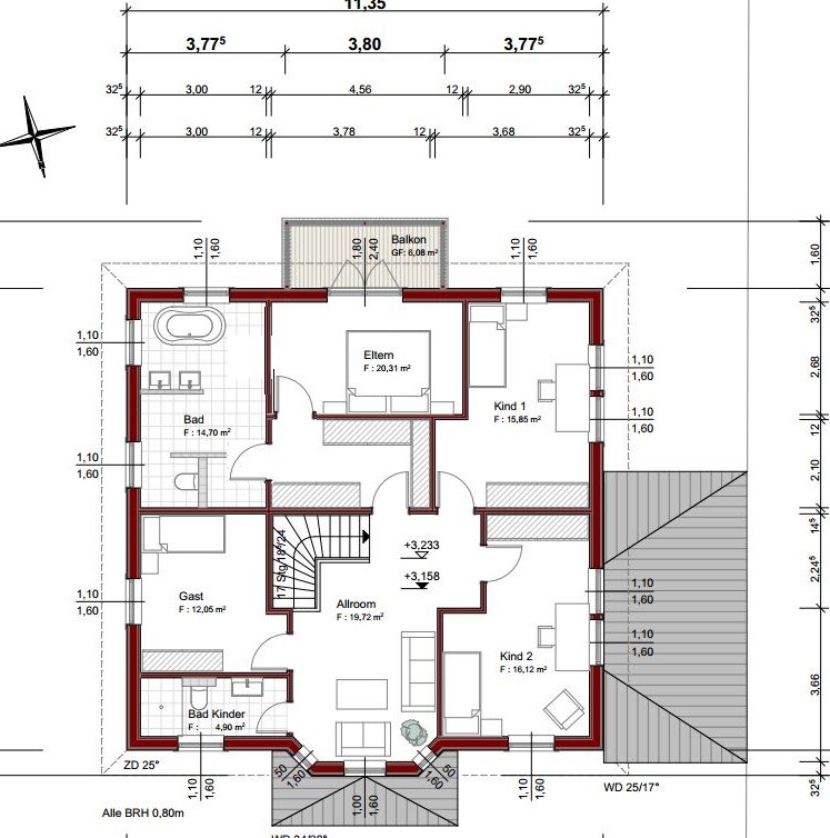 Grundriss eines Hauses mit Elternzimmer, Kinderzimmer, Bad, Bad Kinder, Wohnzimmer, Balkon.