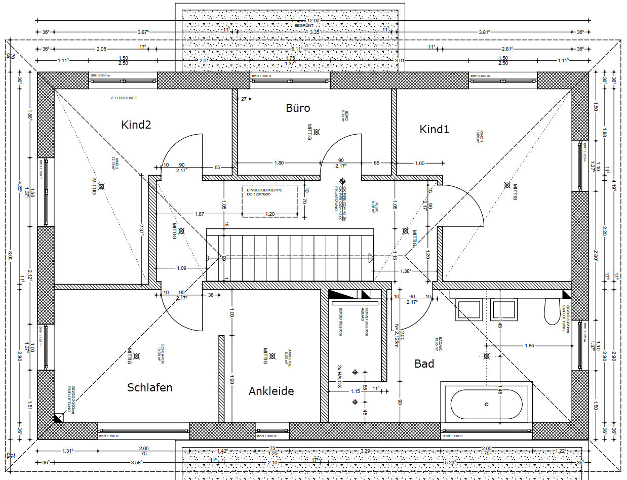 Grundriss eines Hauses: Schlafen, Ankleide, Bad, Büro, Kind1, Kind2, Flur, Treppenhaus.