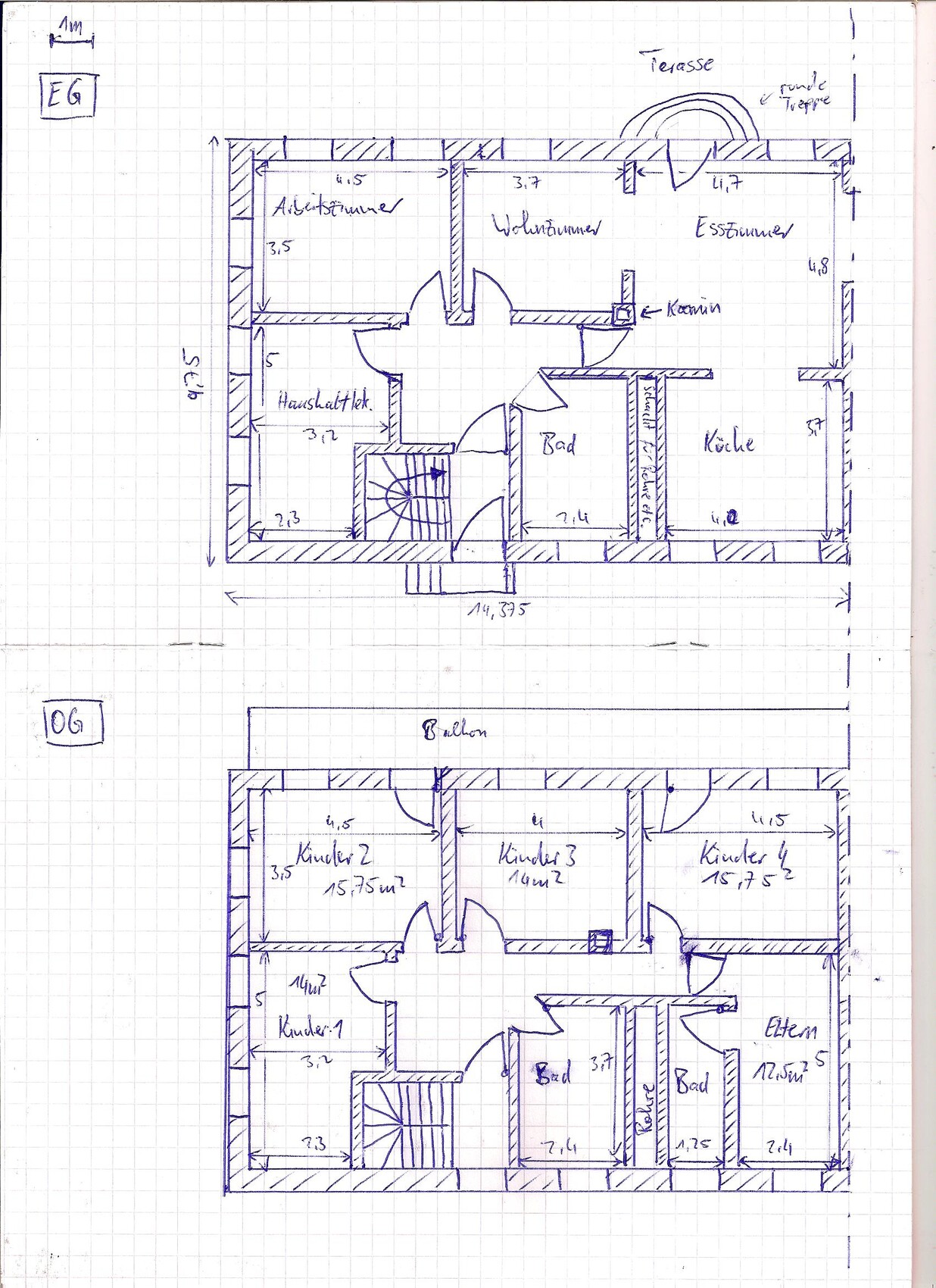Handgezeichneter Grundriss eines zweistöckigen Hauses (EG+OG) mit Zimmern, Terrasse und Balkon.