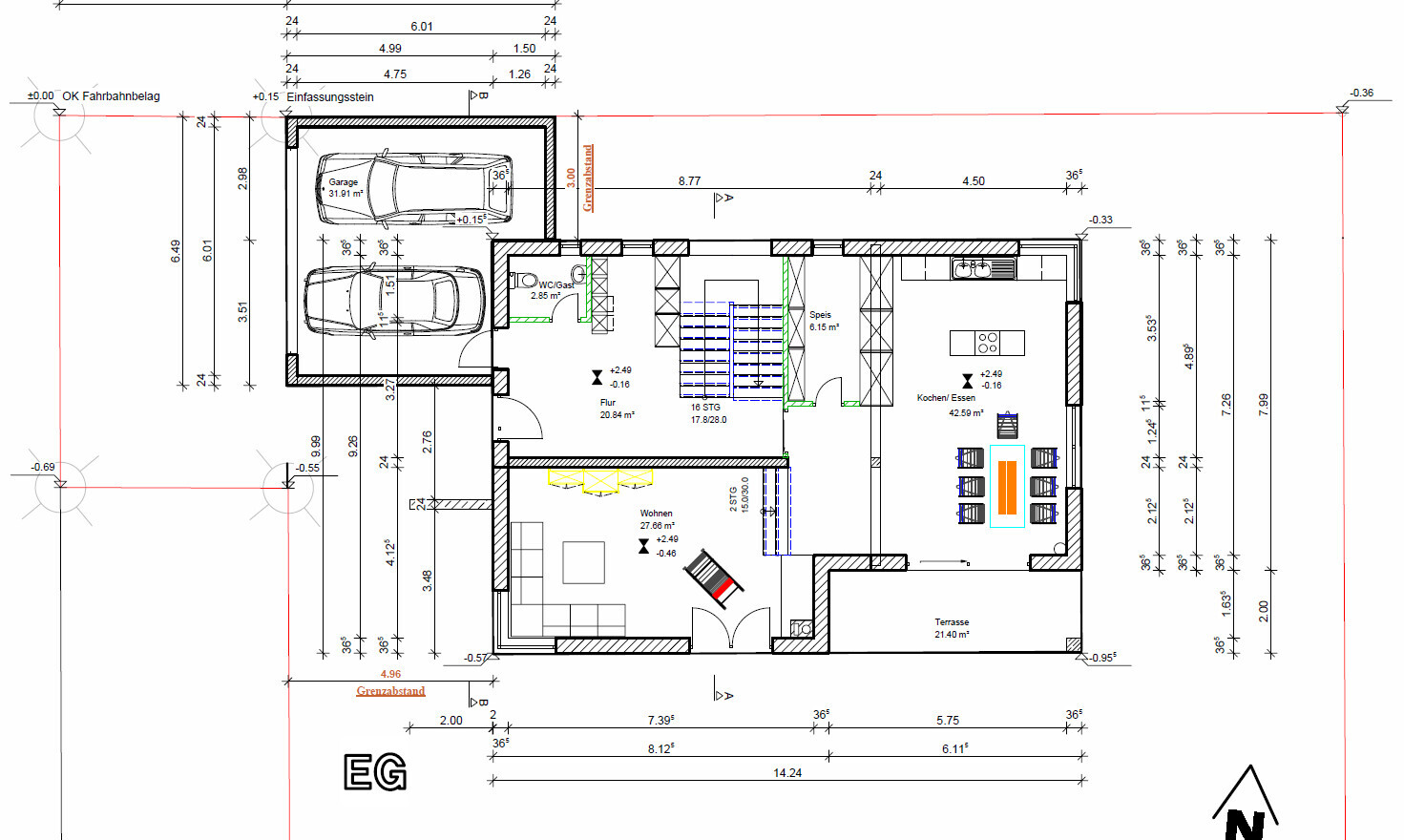 2D-Grundrissplan eines Hauses mit Garage, Wohnzimmer, Kueche und Terrasse im Erdgeschoss