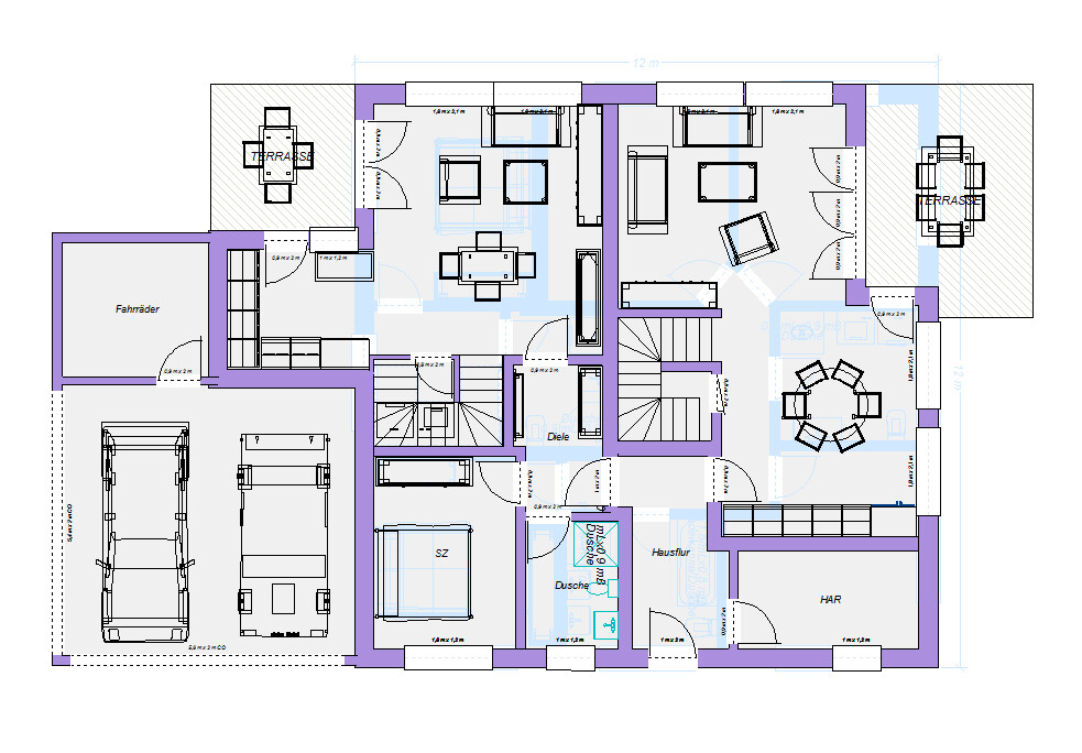 Detaillierter Hausgrundriss mit Garage, Terrasse und mehreren Zimmern