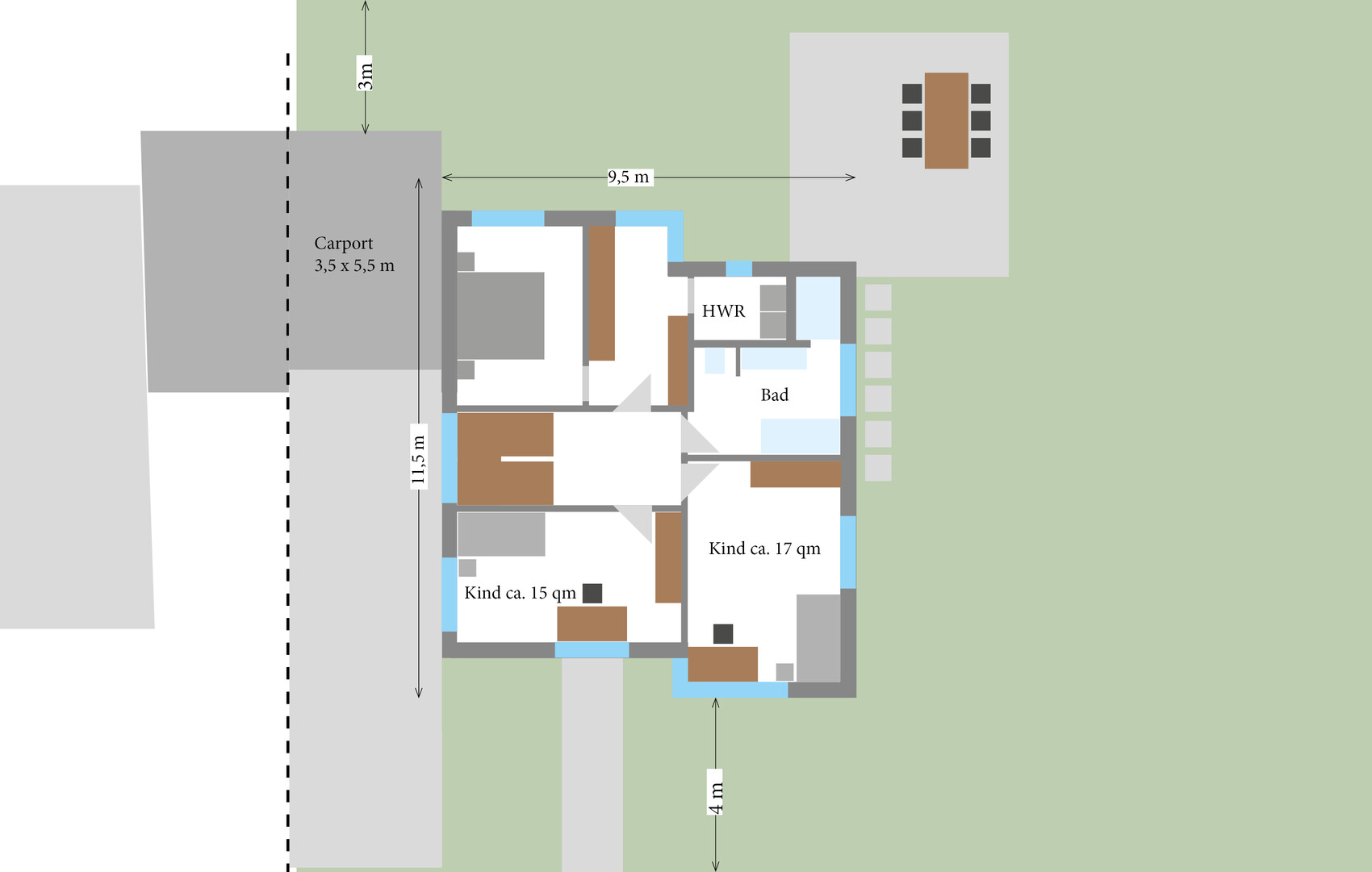 Grundriss eines Hauses: Carport links, Bad und HWR rechts, zwei Kinderzimmer, Gartenbereich
