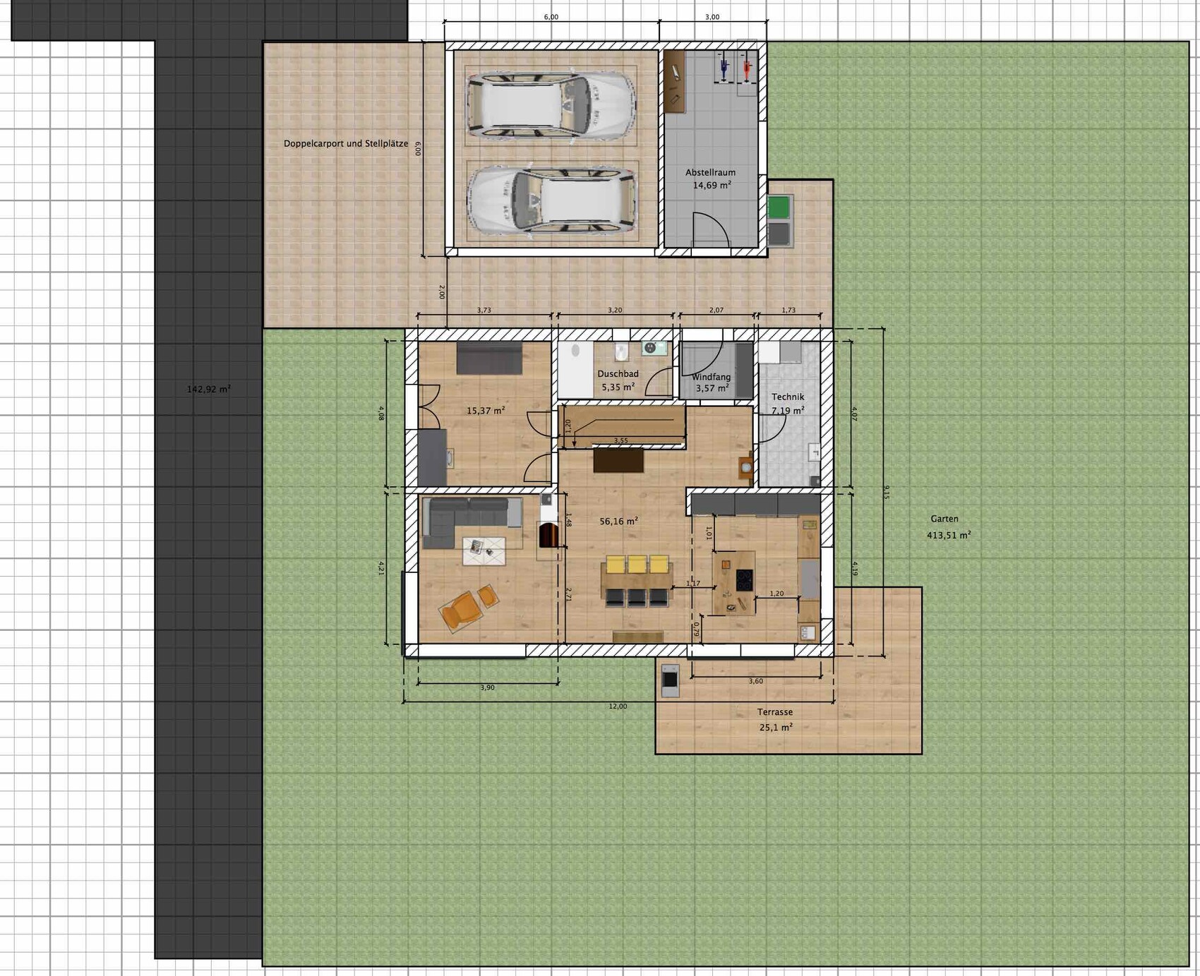 Grundrissplan eines Hauses mit Terrasse und Garten