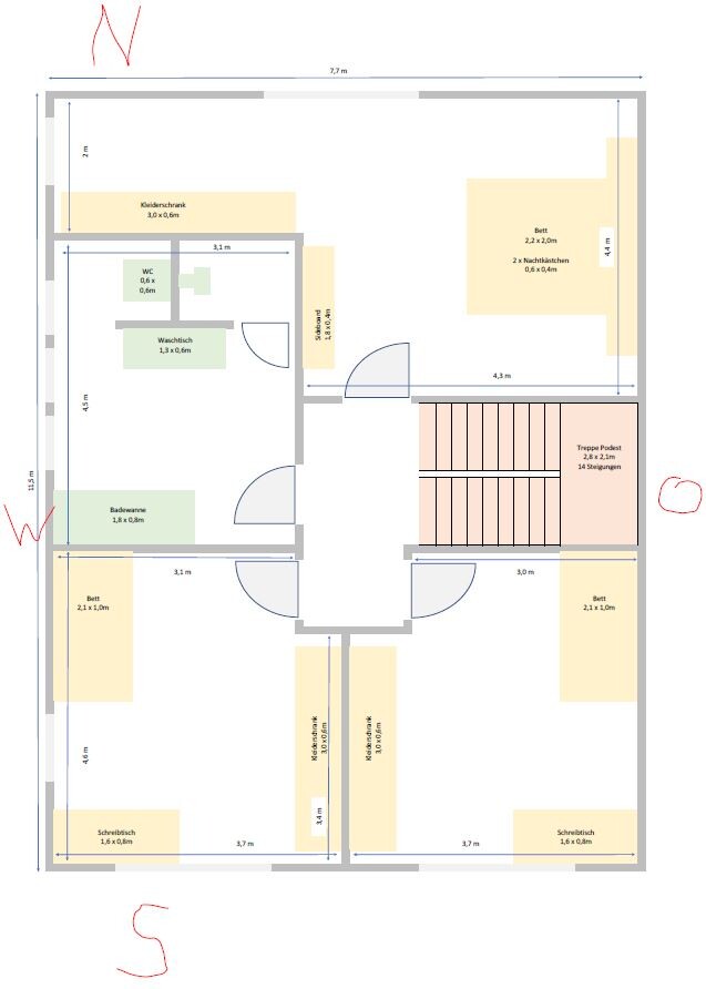 Grundriss eines Wohnhauses mit mehreren Zimmern, Treppe, Türen und Möbeln.