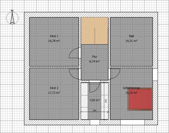 Grundriss einer Wohnung mit zwei Kinderzimmern, Schlafzimmer, Bad und Flur.