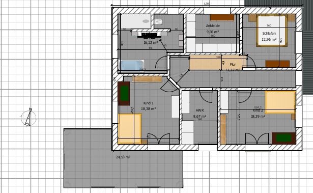 Grundriss eines Hauses mit Schlafen, Kind 1, Ankleide, HWR, Flur, Bad, Küche