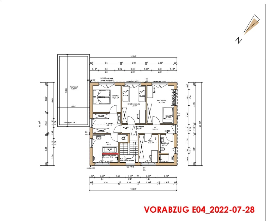 Grundriss eines Einfamilienhauses: Innenraum mit Zimmern, Treppe, Bad, Küche und Garage.