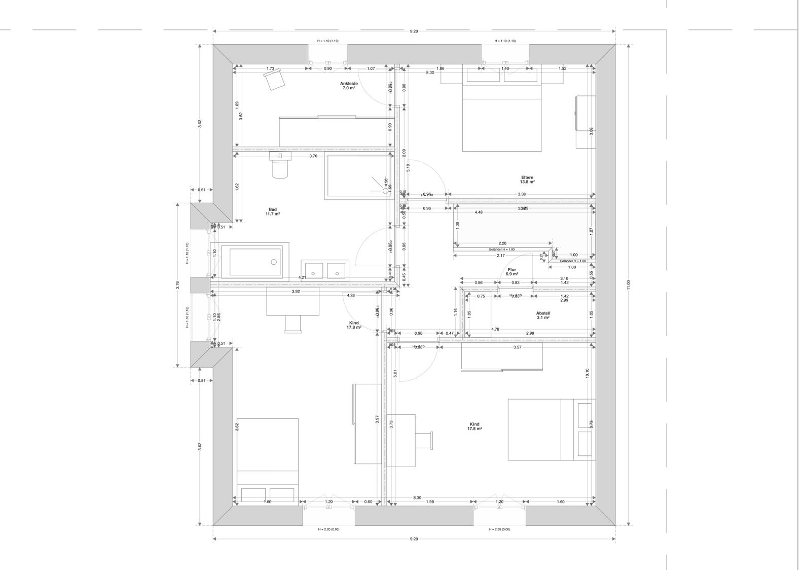 Grundriss: Bad, Eltern-Schlafzimmer, Kinderzimmer, Ankleide, Flur, Abstellraum.