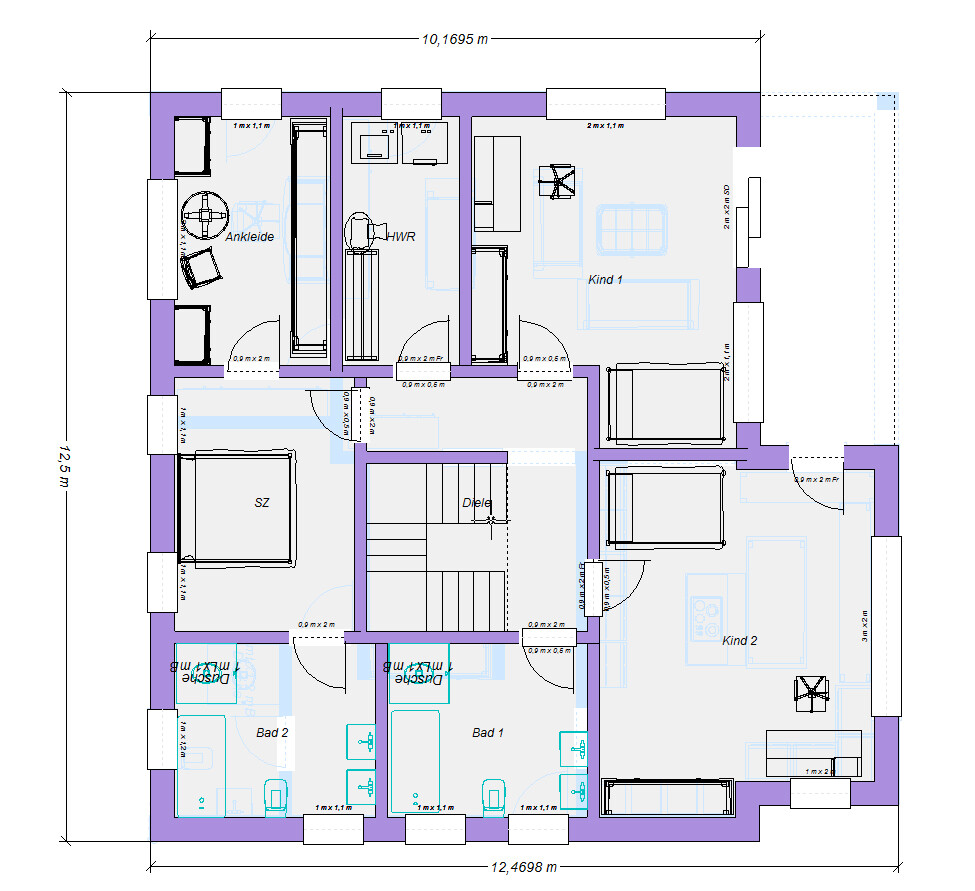 Grundriss eines Hauses mit zwei Kinderzimmern, Schlafzimmer, Ankleide, HWR, Bad 1/2 und Diele